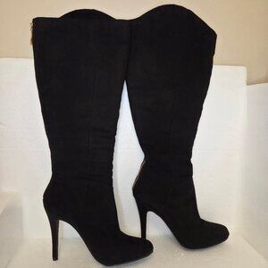 Forever 21 Women’s Black Faux Suede Knee High Stiletto Heel Gold Zip Boots - 9